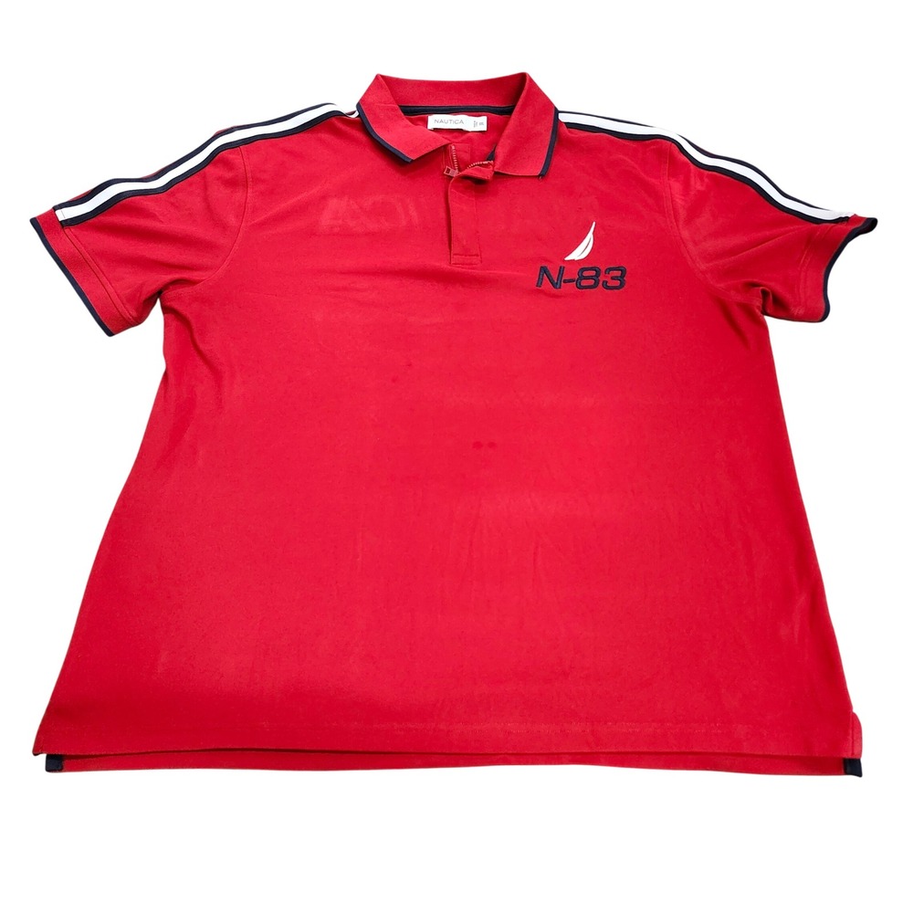 NAUTICA POLO SHIRT MENS XXL N-83 RED SHOULDER STRIPE BACK LOGO EUC